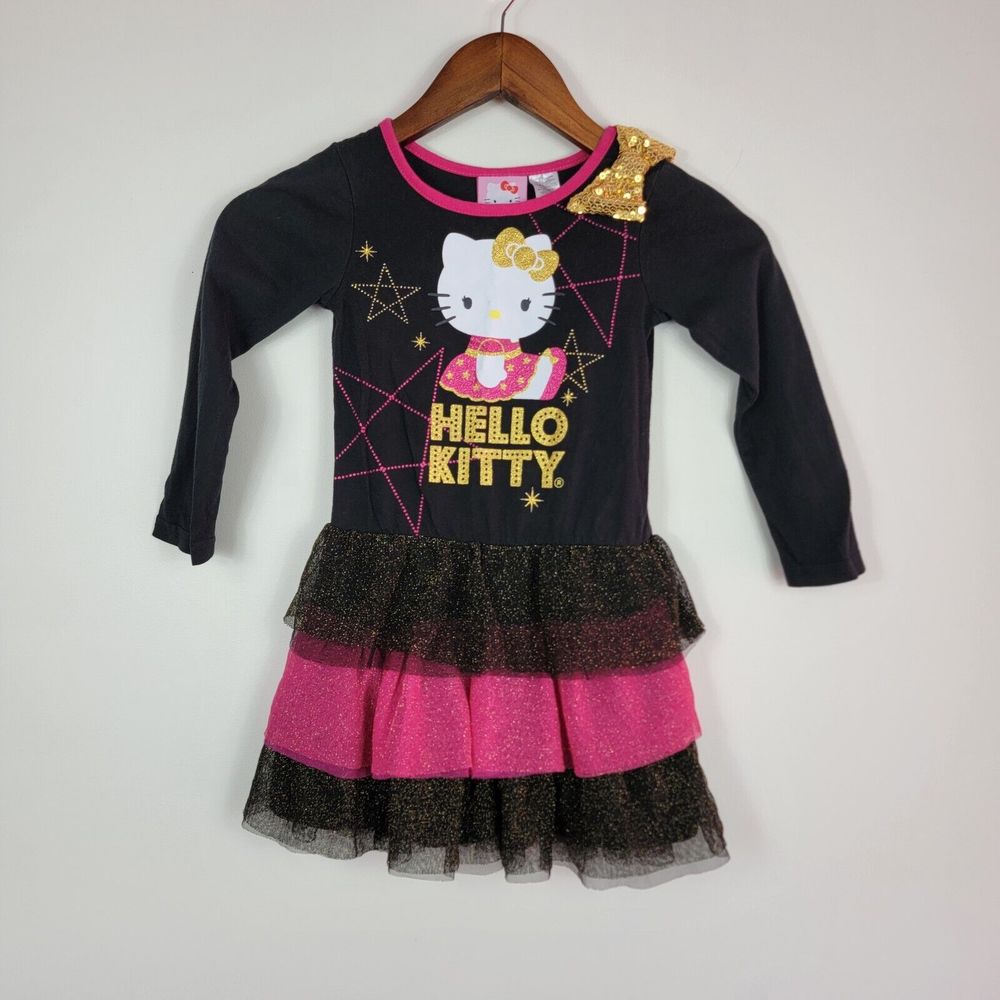 Hello Kitty Girl's Size XS 4/5 Dress‎ Black Pink Gold Bow Tiered Long Sleeve